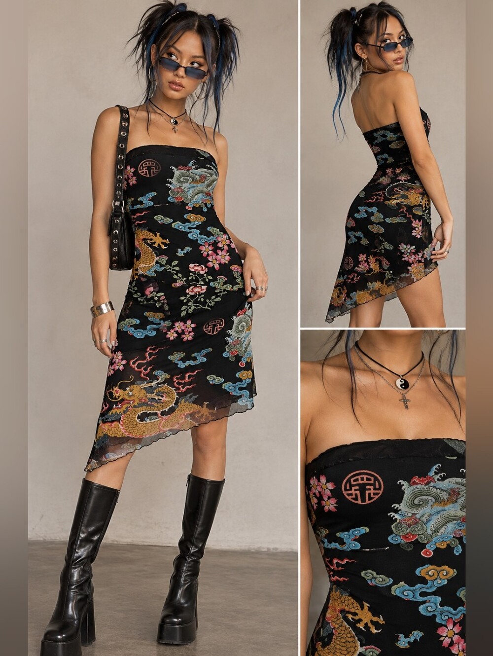 Vintage 90's Anne X Floral Dragon Print Dress Size S Sheer Overlay Asymmetrical